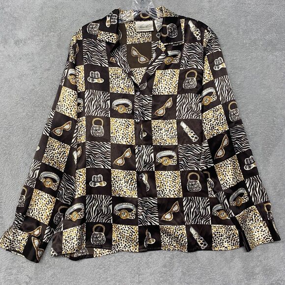 Vintage Kathy Lee Shirt Womens Large Button Up Brown Handbag Makeup Kitsch Silky - Picture 1 of 7